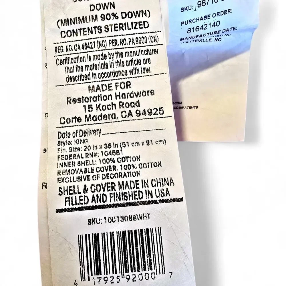 Restoration Hardware Bedding Essentials King All-Down Pillow Pair Firm Support
